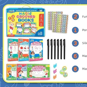 TIBIBEE Magic Grooved Writing Practice for Kids Ages 3–7, Reusable Handwriting Workbooks with Deep Tracing Grooves – Letters, Numbers, Math & Drawing – Disappearing Ink Pens & Grips – Great Gifts for Kids