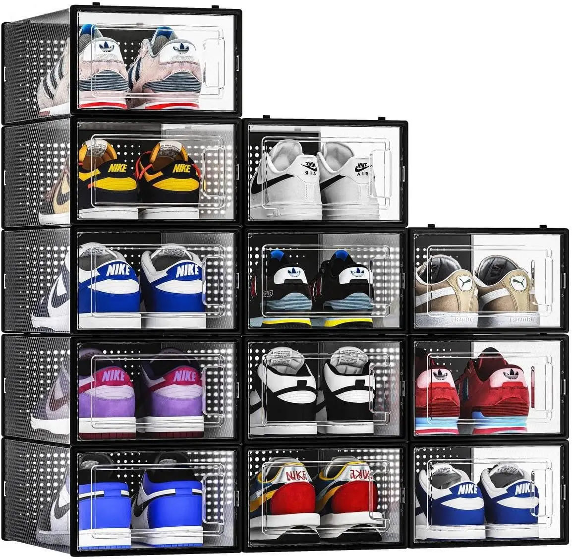 12 Pack Shoe Storage Rack- Shoe Storage Bins-Shoe Box Sneaker Holder Container(Black Frame)