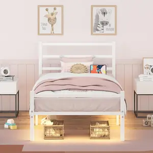 HOMBCK Twin Bed Frame, No Mattress, with Charging Station and LED Lights, with Headboard and Footboard, Duty Steel Slats, No Noise, Easy Assembly