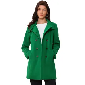 Allegra K Women's Winter Double Breasted Stand Collar Side Pocket Vintage Pea Coats Small Dark Green