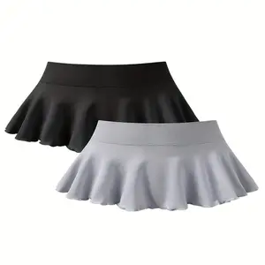 2 Piece Flowy Mini Skirts - Stretchy, Draped, Solid Color, High Stretch Nylon Fabric - Hand Wash, No Dry Clean, Basics Shorts for Women