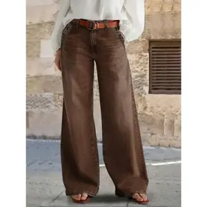 Women'S Vintage Brown Wide-Leg Trousers Featuring Decorative Buttons And Pockets - Cozy Versatile Bottoms for Everyday Casual Wear, Urban Style, Weekend Activities, Office Attire (Sizes S-XXL)