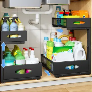 Under Sink Organizer, 2 Tier Pull out Cabinet Organizer Baskets with Mesh Sliding Drawers, Slide out Storage Shelf for Home, Kitchen, Bathroom, Pantry, Office Cabinet,