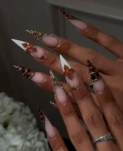 Leopard French Tip Press On Nails, Gold Glam Stiletto Nails, Coquette Bow Acrylic Nails, Luxury Rhinestone Nails