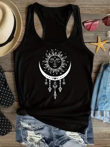 Plus Size, Women's Plus Size Moon & Sun Print Sleeveless Tank Top - Round Neck Casual Blouse, Spring Summer Fall Machine-Washable Tunic, Plus Size Comfortable For Casual Attire & Layering