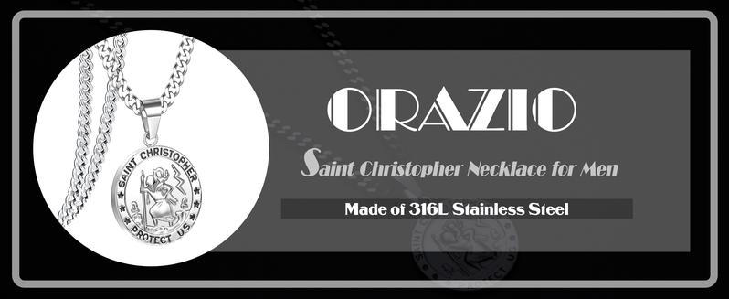ORAZIO St Christopher Medal Necklace Silver 316L Stainless Steel Saint Christopher Necklace for Men Women Religious Amulet Pendant Christian Gifts 22/24 Inch