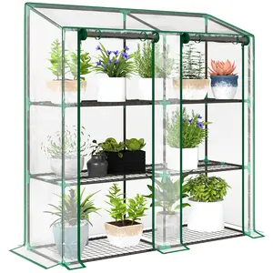 Lean-to Greenhouse – Clear. 3 Tier Shelves (33 lbs Each). Reinforced Cover (85% Light, UV Protection). 2 Roll-Up Zippered Doors. Lean-to Wall Design. Plastic Joints