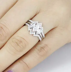 3PCS 3-Stone Marquise Cut 925 Sterling Silver CZ Wedding Band Engagement Rings Bridal Ring Set Size 3-15 SE2136