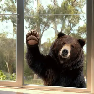 Realistic Bear Window Sticker with Paw Prints, PVC Decal for Glass Doors, Vintage Style Home Decor, Fun Prank Stickers for Living Room Bedroom