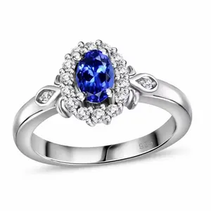 Tanzanite & White Zircon Halo Ring In Rhodium over Sterling Silver 0.80ctw