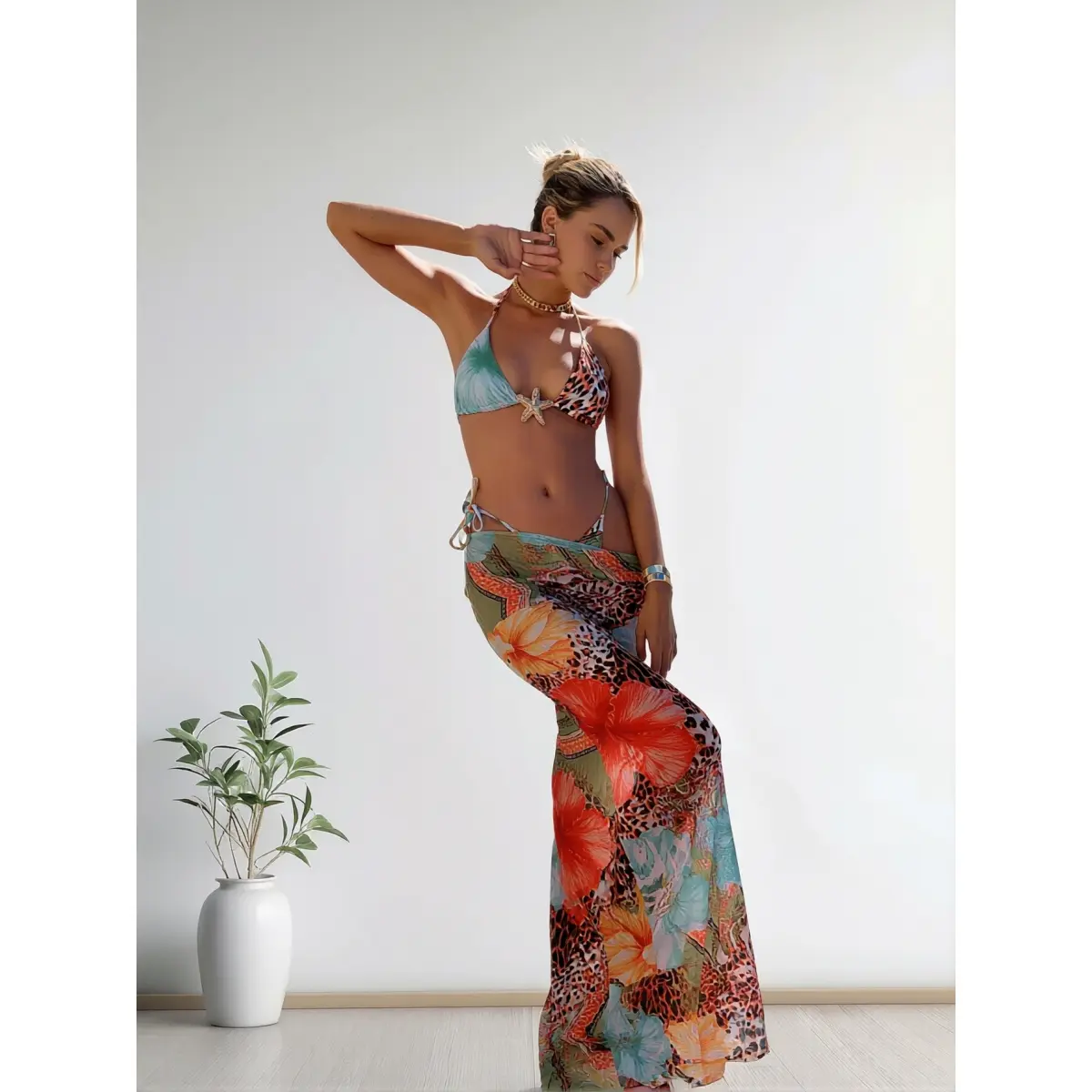 Tropical Print 3 Piece Swimsuit for Women 2026, Halter Triangle Bikini Set with Starfish Decor & Sheer Maxi Cover Up Pants, Leopard Floral Mix Quick Dry Bathing Suit for Beach Vacation Honeymoon Cruise Resort Pool Party Photoshoot