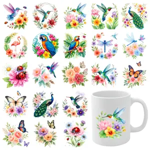 21 Pcs Floral Birds UV DTF Stickers Transfer Sticker Decal Waterproof Rub on Transfers Plastic Self-Adhesive Labels UV DTF Transfer Stickers for Glass Cups for 16 oz Tumbler clock