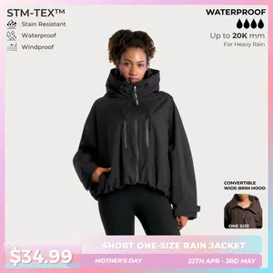 【Restocked】PUFFIT STM-TEX Short One-Size Rain Jacket With Pleated Hem,Hooded Jacket,Waterproof Jacket,Women Jacket,Wide-Brim Hood,Adjustable Cuffs,Zips,Outdoor Sport,Jacket,Statements,Windbreaker,Spring,Dog Walking,School Running,Football Mum,Stylish