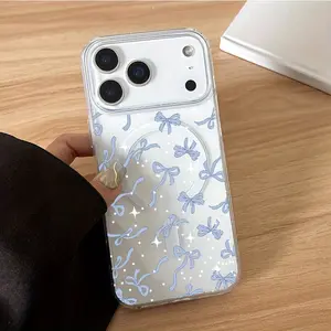 Phone Case: Blue Bow Design Large Hole Transparent Magnetic Adhesive Phone Case Compatible with iPhone 17 E Air Pro ProMax iPhone16 15 14 Plus 13 12 Mini 11 X XS XR Supports Wireless Charging Shockproof Protective Case
