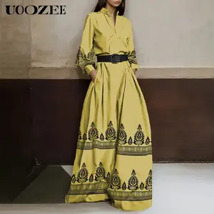 Long Sleeves Loose Buttoned Pleated Pockets Printed Stand Collar Jumpsuits Womenswear Overalls Spring Fashion