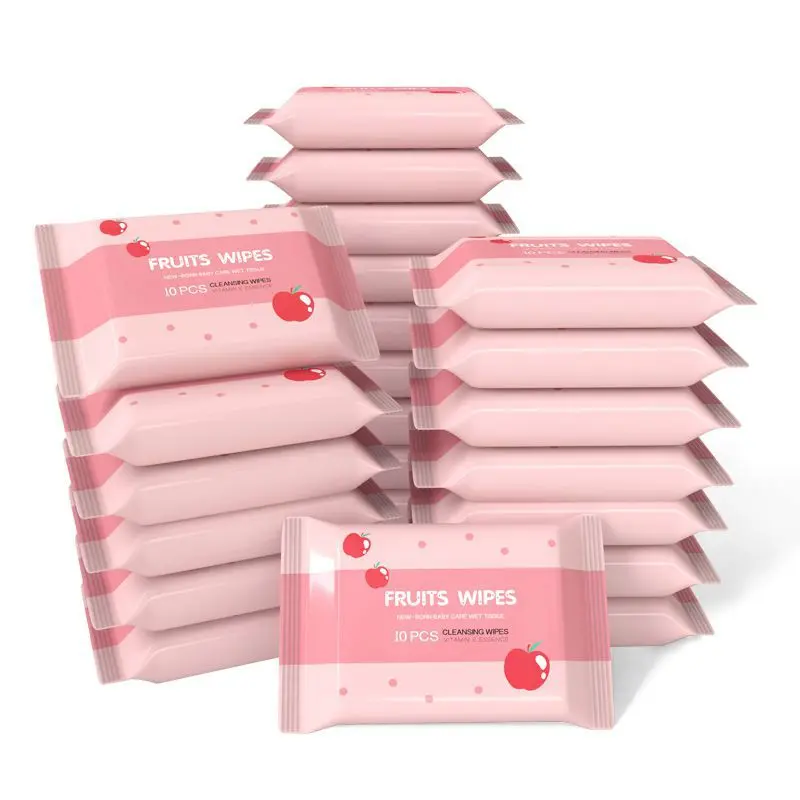 Mini Portable Fruit-Scented Wet Wipes (10 Packs, 10 Pieces Each) - Travel Pocket Disposable Hand Cleansing Wipes, Non-Irritating, Leak-Proof, Long-Lasting Moisture for Outdoor Use & Baby Care
