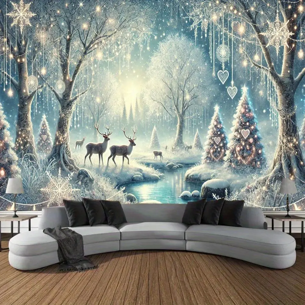 Extra-Large 2D Printed Polyester Wall Hanging Tapestry - Festive Winter Wonderland Backdrop Banner, High-Quality Modern Indoor Home Decoration, Tapestry Room Decor