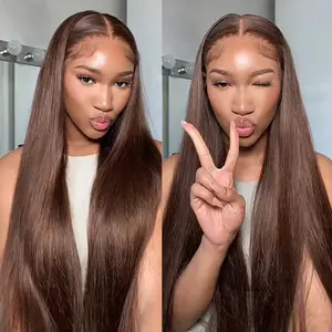 Pizazz Hair #4 Chocolate Brown Straight Glueless Wigs 13x6 HD Transparent Lace Frontal Wigs Human Hair Pre Plucked Natural HairLine With Drawstring