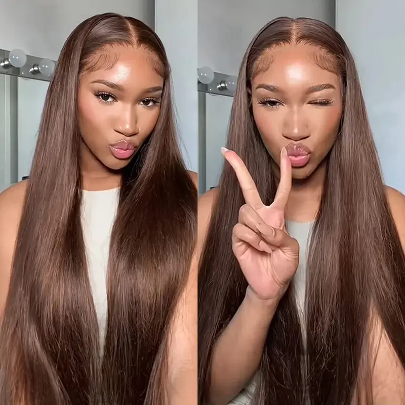 Pizazz Chocolate Brown Straight Glueless Wigs 13x6 HD Transparent Lace Frontal Wigs Human Hair Pre Plucked Pre Bleached Pre Cut Glueless Wig Adjustable Drawstring Wig Beginner-Friendly