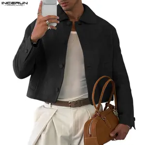 INCERUN Men's Autumn Suede Texture Long Sleeve Cropped Boxy Jacket - Peter Pan Collar Solid Color Menswear Tops, Retro Vintage City Boy Casual Outerwear with Quality Fabrics