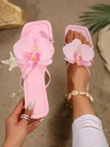 Women's Flat Floral Strappy Sandals Summer New Slim Comfortable Beach Shoes Casual Travel Flats, Square Toe PU PVC Sole Medium Width, Elegant Sandals