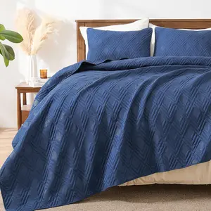 EMME Queen Size Bedding Sets, Navy Blue Bedspread Soft Lightweight Pre-Washed, 3 Piece Cozy Reversible Microfiber Ultrasonic Coverlet with Pillow Sham (Pattern,90"x90")