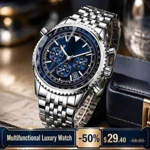 Men's 40mm Vintage Pilot Chronograph Analog Watch - Old Money Style, Stainless Steel, All-Metal, Crystal-Style Luxurious Quartz Watch for Gentlemen, Stainless Steel Watch