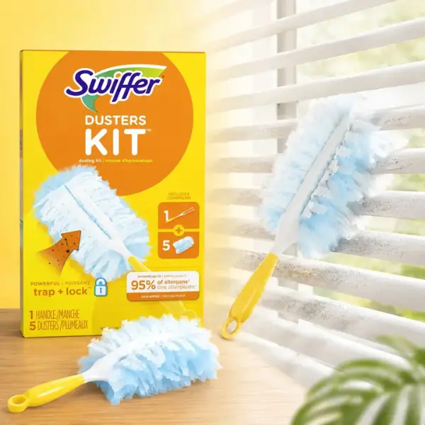 Swiffer Microfiber Duster Kit, dust trapping, allergen pickup, pet hair, cobwebs, blinds, shelves, ceiling fans, baseboards, vents, window sills, TV screens, keyboards, car interior, bathroom, kitchen, reusable handle, disposable dusters, easy refill