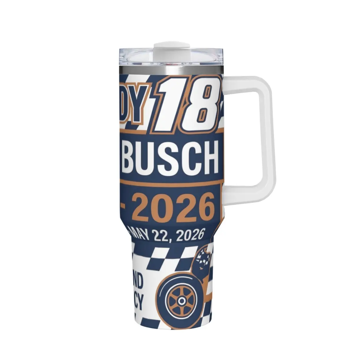 Stylish Insulated Motorsports Kyle Busch 18 Racing Fan Tumbler - Checkerboard Flag Design, Tire Track Art, Portable Reusable Travel Mug with Lid for Race Day Tailgate, Daily Commute