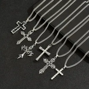 Cross Pendant Necklace Set 6PCS for Men Stainless Steel Chain Hip Hop Iced Vintage Jesus Cross Street Style Faith Jewelry Chunky cross necklace for teen boys men valentine birthday gift Trendy pin fashion day party u shape star gold bullet sophisticated