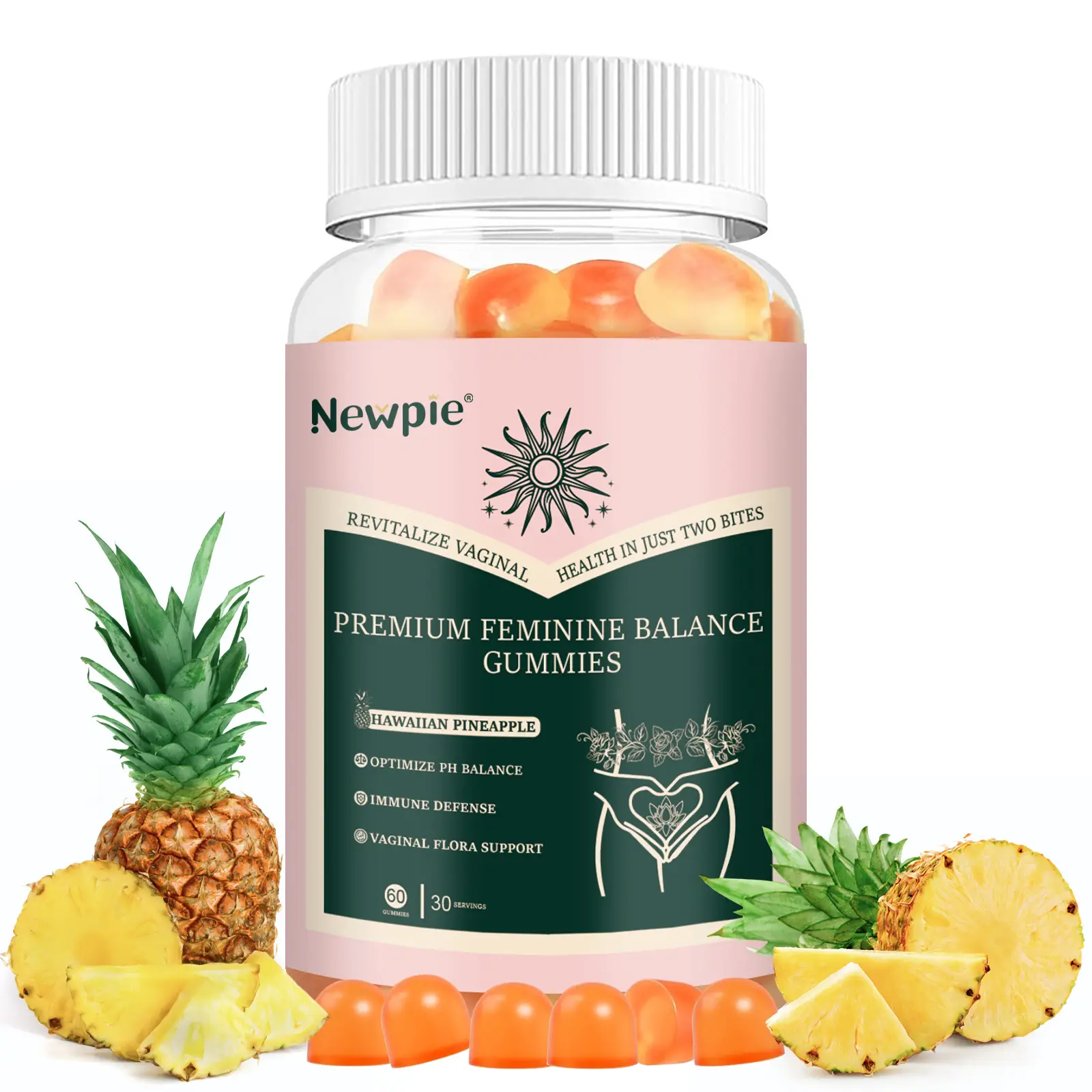 Premium Feminine Balance Gummies for Women - Vegan, Gluten-Free, Halal, Immune Support, 60 Gummies - Hawaiian Pineapple Flavor