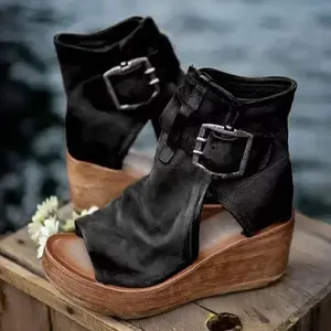 EspadrilePeepToeWedgeSandals-Women'sCasualHollowOutDesign,BuckleDecor,Flatform,BeachParty,DailyClothingDecorkittenheels