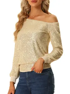 INSPIRE CHIC Long Sleeve Blouse Shirts Sparkly Tops Party Off Shoulder Sequin Top