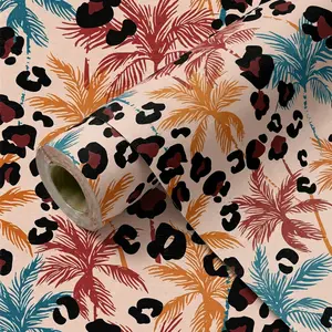1 Roll Tropical Leopard Palm Tree Self Adhesive Wallpaper, 44.5cm/17.5 Inch Width, Waterproof Oilproof Peel And Stick Contact Paper, Cuttable Removable Wallpaper For Wall Decor Furniture Renovation Home Decoration, Peel And Stick Wallpaper Designs