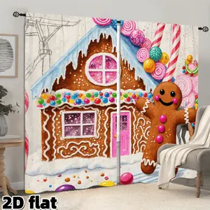 2D Flat 2Pcs Sweet Gingerbread House Print Curtains, Christmas Candy Theme, Rod Pocket Design, Semi Sunshade Function, Decorative Window Treatment for Living Room Bedroom Kitchen Dining Room Party Holiday Decor