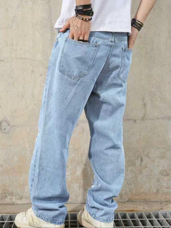 Men's Y2K Korean Style Hip-Hop High Street Ripped Washed Denim Jeans, Loose Casual Trendy Wide Leg Long Pants with Pockets