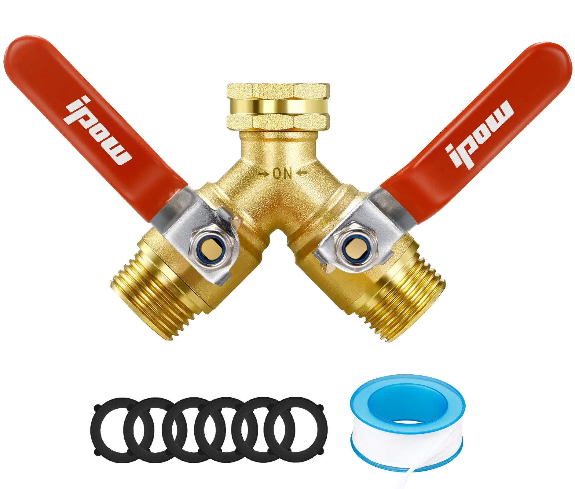 IPOW Upgrade Garden Hose Y Valve Hose Splitter With Stainless Steel Long Handle Brass Hose Splitter 3/4" GHT Thread Y Valve Water Garden Hose Tap Adapter