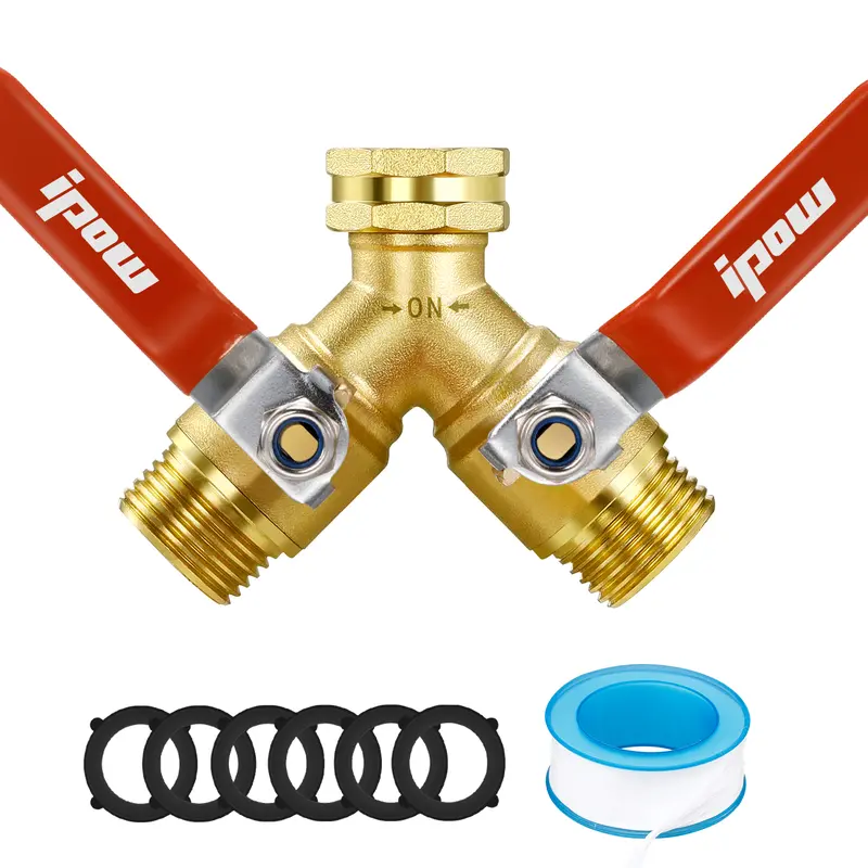 IPOW Upgraded Metal Brass Hose Splitter, 3/4" GHT Thread Y-Valve Garden Hose Tap Adapter with Stainless Steel Long Handle for Outdoor Water Irrigation