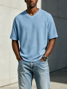 Mens Casual Summer Waffle Knit V Neck T-Shirt Short Raglan Sleeve Cotton Blend Jacquard Pullover Elevated Basic Athletic Daily Top