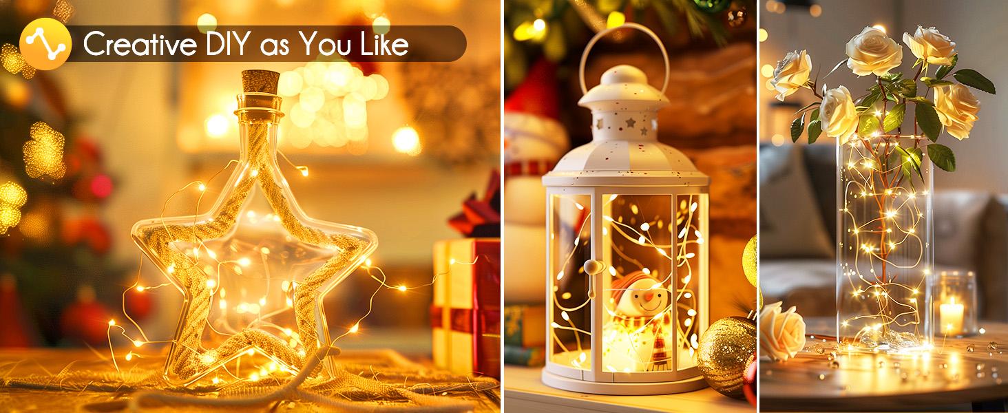 Minetom Fairy Lights Plug in 33Ft 100 LEDs Waterproof Silver Wire Firefly Lights Adaptor Included Starry String Lights for Wedding Indoor Outdoor Christmas Patio Garden Decoration Warm White