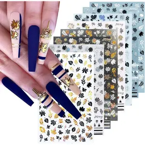 8Sheets Gold Maple Leaf Nail Stickers 3D Fall Nail Art Supplies Holographic Autumn Nail Art Sticker Maple Leaves Design Foils Laser Shiny DIY Nail Art Decoration Thanksgiving Day Manicure Accessories springtok