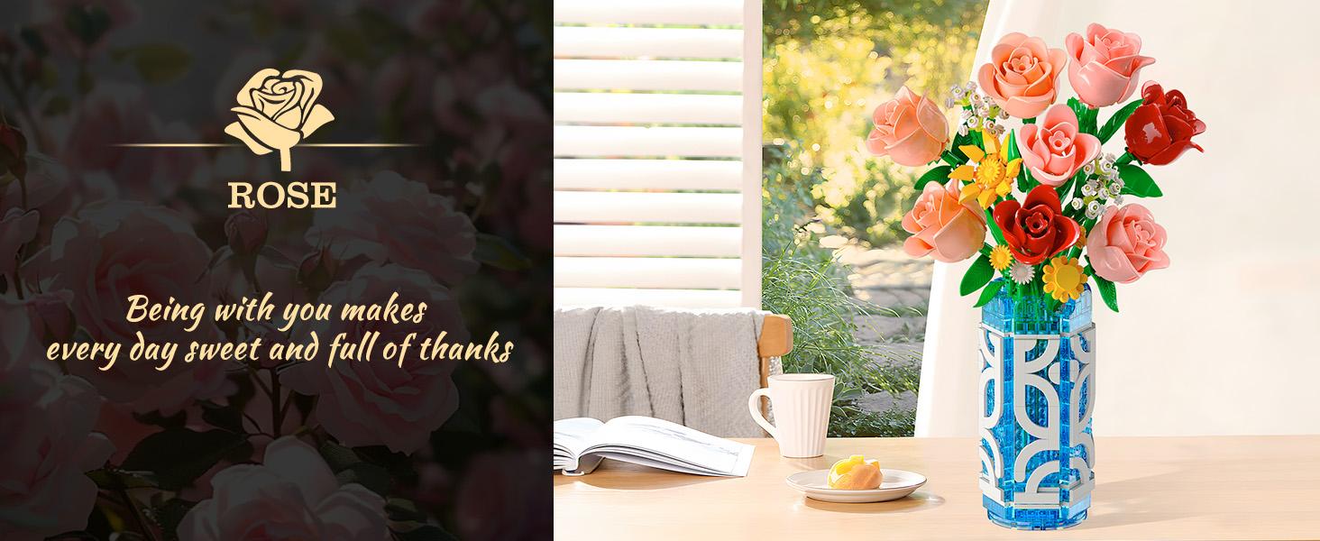 14 Flowers Bouquet Building Set with Vase and LED Light, Mother's Day 747 PCS Mini Roses Flower Botanical Building Blocks Toy, Birthday Gifts for Adults, Artificial Roses Flowers Home Decor
