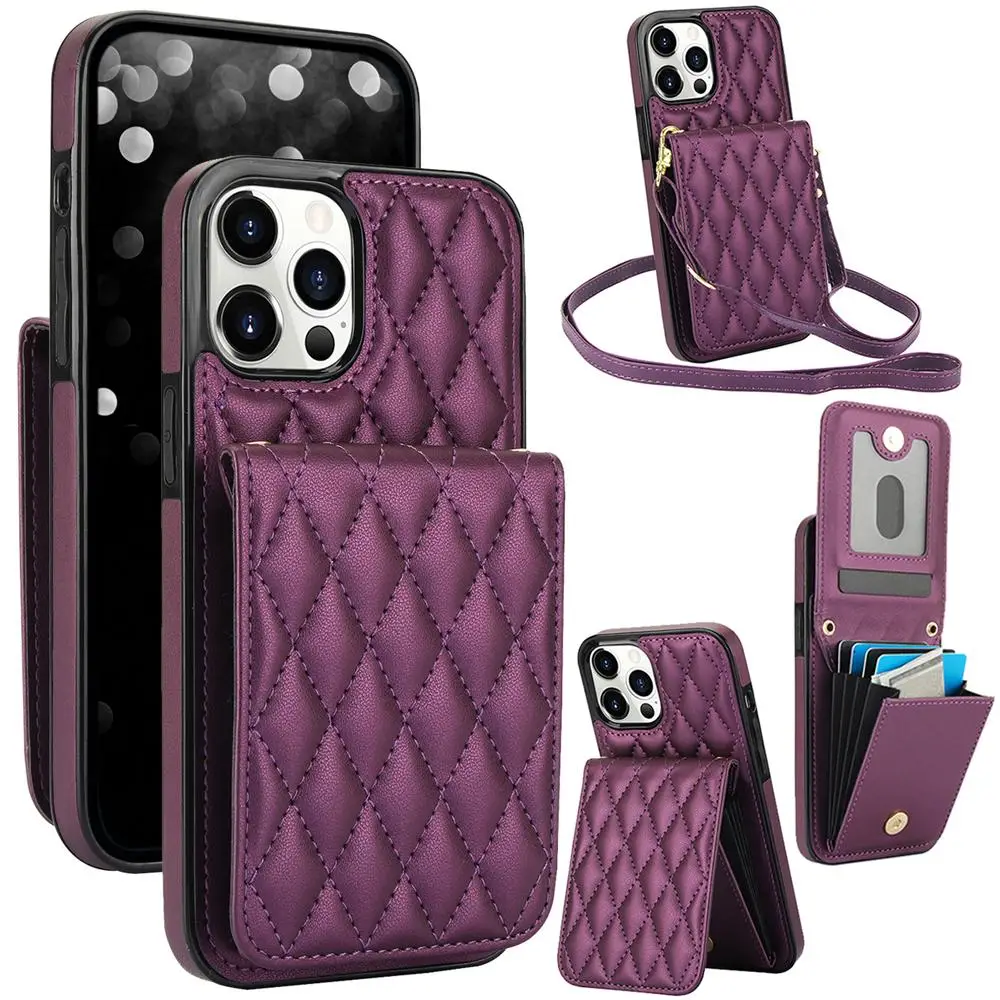 Rhombus Pattern Wallet Phone Case with Card Slot, 1 Count Crossbody PU Leather Phone Protective Cover Compatible with iPhone 7 8 11 12 13 14 15 Series
