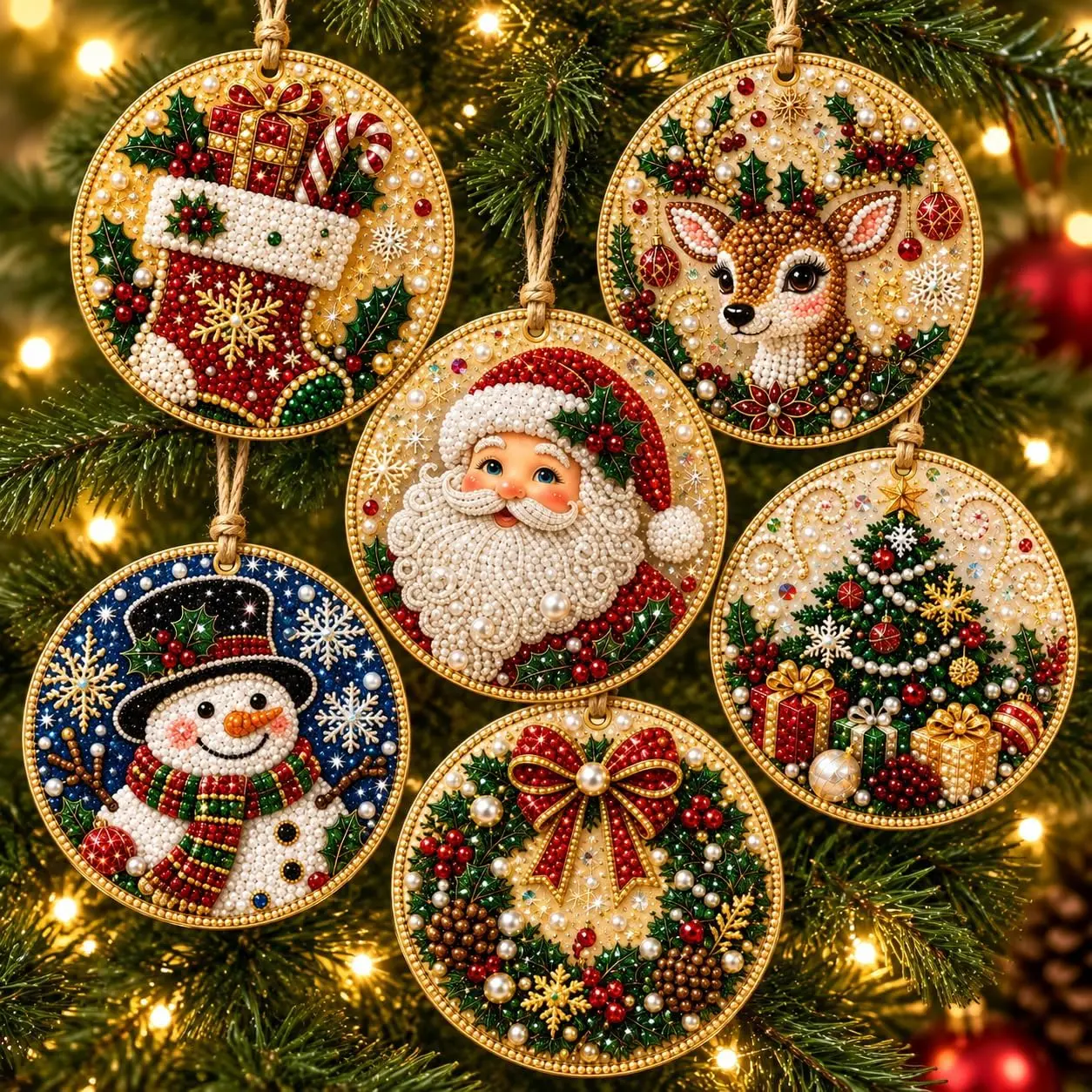6PCS Christmas DIY Pearl Diamond Painting Kit Wooden Ornaments Relaxing Holiday Craft Activity, Suitable for Christmas trees, windows, and home holiday DIY crafts and gifts; perfect as Christmas presents