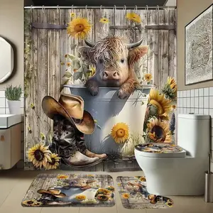 Denim Style Wood Bucket Pattern Bath Curtain Set, Includes Rug and Hooks, Non-Slip Mat, U-Shaped Toilet Lid Pad, Bathroom Decor