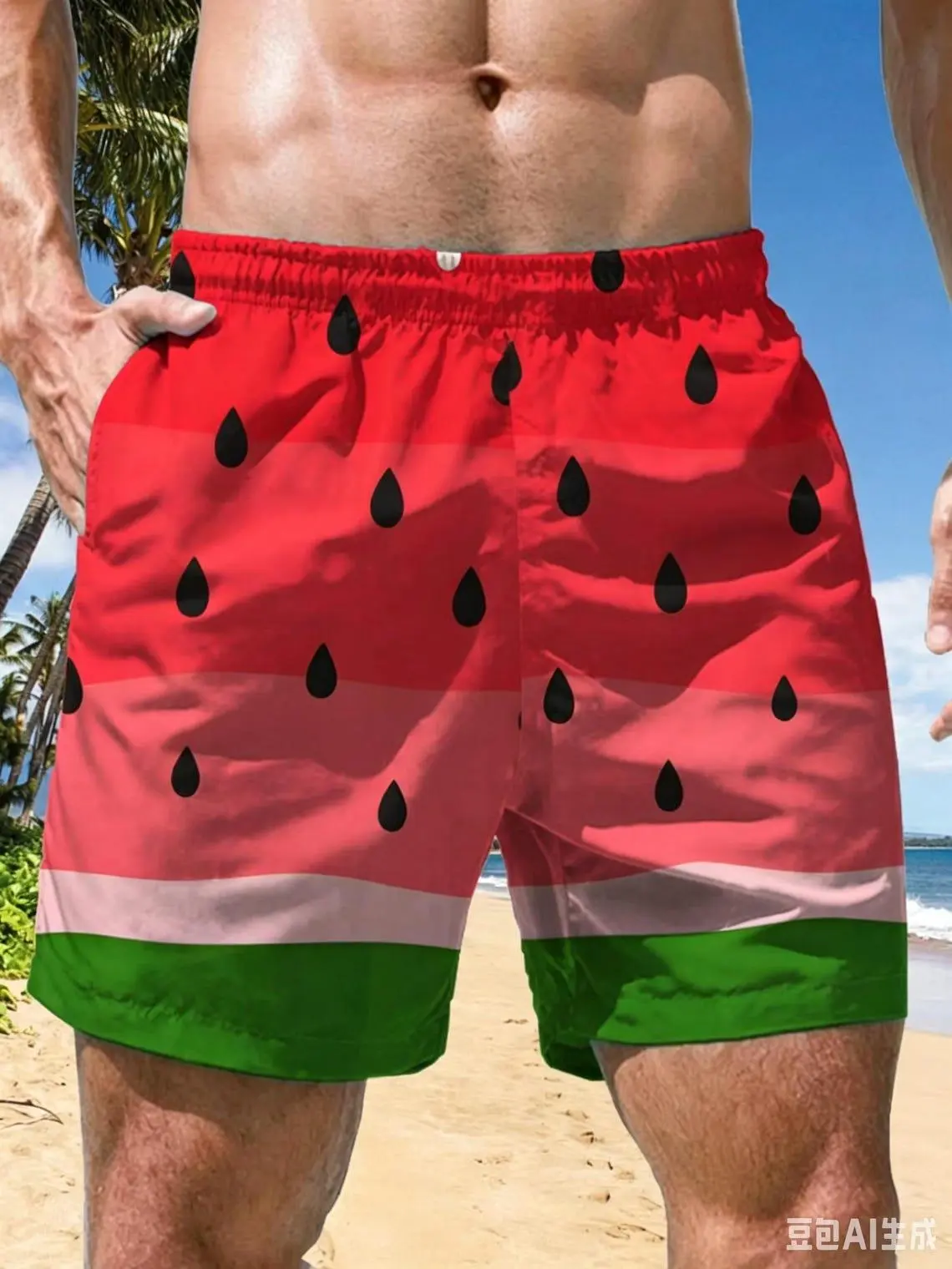 Watermelon Slice Print Couple Matching Shorts, Summer Beach Lounge Swim Board Shorts