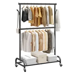 Rolling Clothes Rack With Adjustable Crossbar And Side Hooks, 150 Lbs Load Capacity, Heavy Duty Carbon Steel Garment Rack On Wheels For Bedroom Laundry Living Room Organization And Home Use