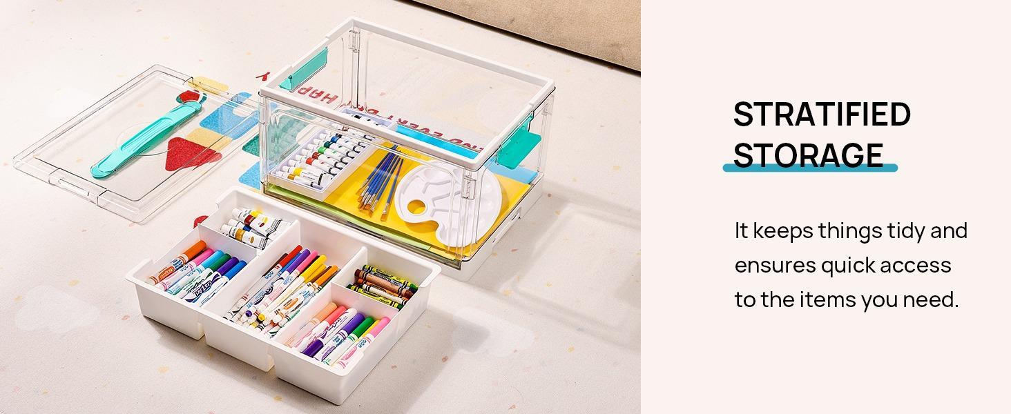 ZUVV24QT Clear Craft Storage Bin with Removable Trays&Adjustable Dividers, Containers for Art Supply Coloring Books Sensory Toys Craft Supplies Medicine Playdough Squishy Homeschooling, Transparent Dust Proof, Preschool Restock