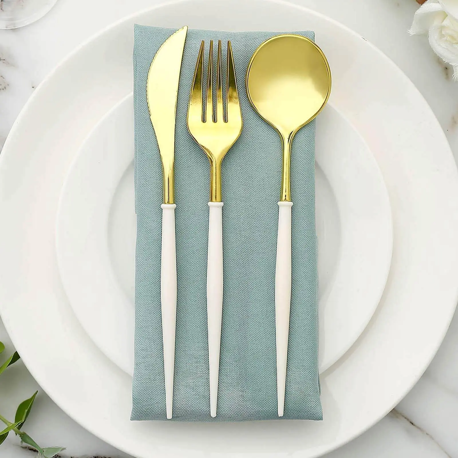 24-Pack Disposable Cutlery Set - 8" Gold with Ivory Handle, Modern Heavy-Duty Plastic Flatware for Party, Formal Dinner, Birthday Family Gatherings, All-Disposable Dinner Sets