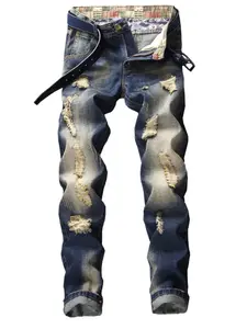 Men's Vintage Washed Slim Fit Denim Jeans, Heavy Distressed Faux Fur Ethnic Wind Waist Design, Rolled Hem Retro Streetwear Four-Seasons Casual Long Pants